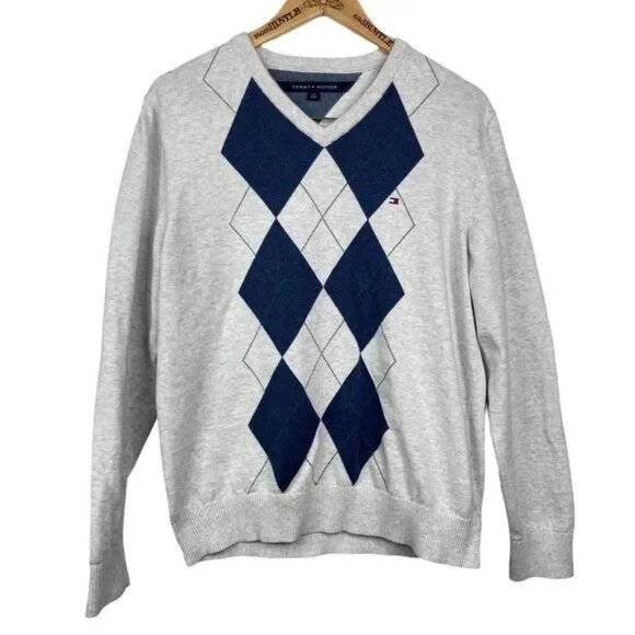 TOMMY HILFIGER MEN'S HEATHER GRAY/NAVY ARGYLE V-NECK SWEATER LARGE - Picture 1 of 5
